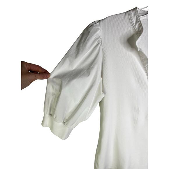 Veronica Beard Coralee Puff-Sleeve Top Womens M Cream Ribbed Classy Office - Picture 5 of 9